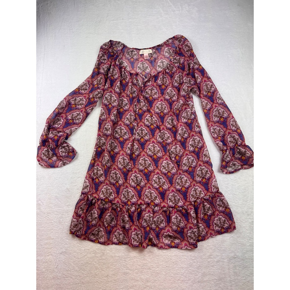Band of Gypsies Purple Paisley Damask Ruffle Mini Dress Long Sleeve Boho M